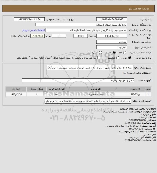 استعلام جمع اوری دفاتر داخل شهر و ادارات خارج شهر خودروی مسقف شهرستان خرم آباد