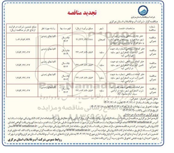 تجدید مناقصه حفر چاه دستگاهی به روش دورانی شهر... 