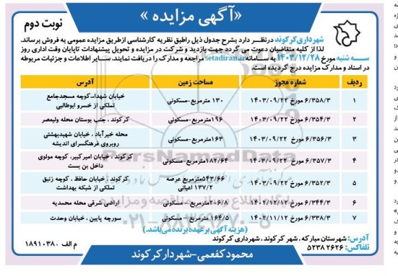 مزایده فروش 7 ملک مسکونی نوبت دوم