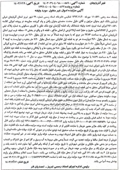 مزایده ،مزایده ششدانگ یک واحد آپارتمان مسکونی 94.86 مترمربع