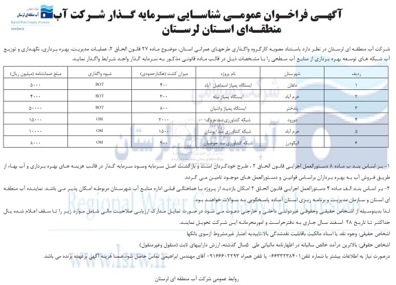 فراخوان عمومی شناسایی سرمایه گذار عملیات مدیریت بهره برداری، نگهداری و توزیع آب شبکه های توسعه بهره برداری....