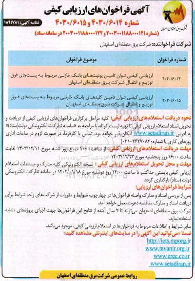 فراخوان ارزیابی کیفی توان تامین یونیتهای بانک خازنی