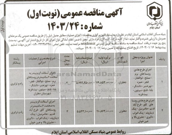 مناقصه اجرای طرح هادی روستاهای ...