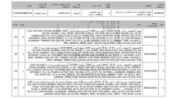 استعلام موتور 4 کیلو وات دو سرشافت و سه ردیف موتور 11 کیلو وات