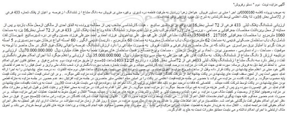 مزایده فروش سه دانگ مشاع از ششدانگ از عرصه و اعیان از پلاک شماره 433 فرعی از 72اصلی