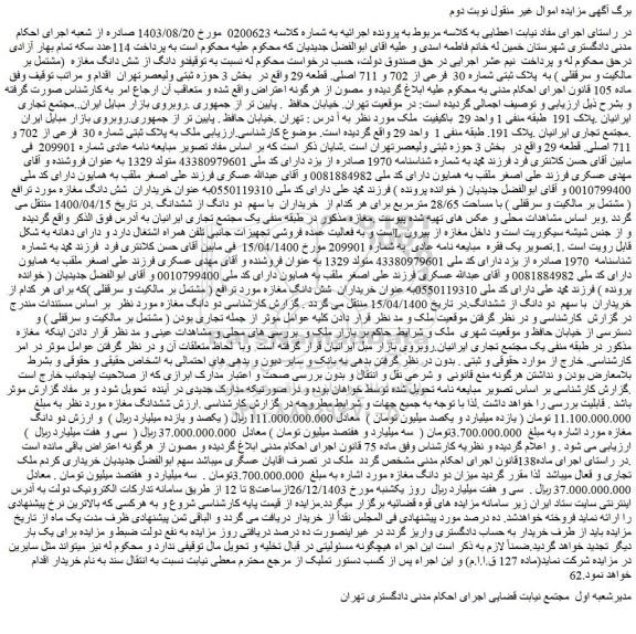 مزایده دو دانگ از شش دانگ مغازه (مشتمل بر مالکیت و سرقفلی ) به پلاک ثبتی شماره 30 فرعی از 702 و 711 اصلی. قطعه 29
