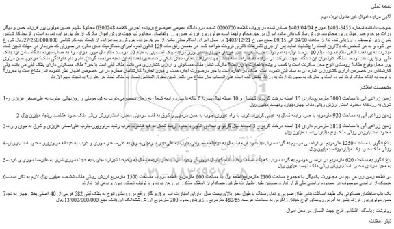 مزایده زمین زراعی آبی با مساحت 3000 مترمربع،دارای 15 اصله درخت گردوی کهنسال و 10 اصله نهال حدودا 6 ساله