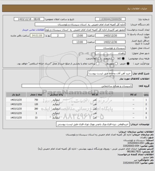 استعلام خرید آهن آلات وحفاظ طبق لیست پیوست