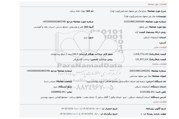 مزایده، مال غیر منقول مشاعی(نوبت اول)