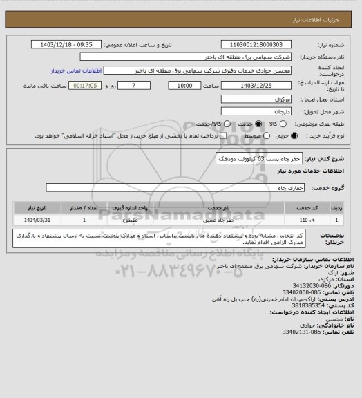 استعلام حفر چاه پست 63 کیلوولت دودهک