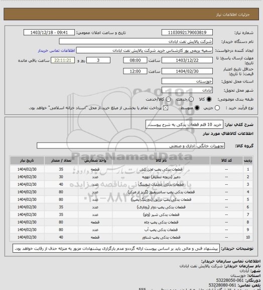 استعلام خرید 10 قلم قطعات یدکی به شرح پیوست.