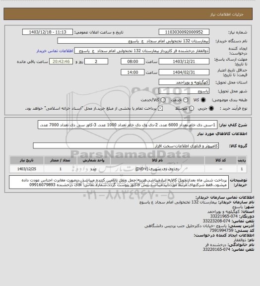 استعلام 1-سی دی خام تعداد 6000 عدد.   2-دی وی دی خام تعداد 1000 عدد.    3-کاور سی دی تعداد 7000 عدد.