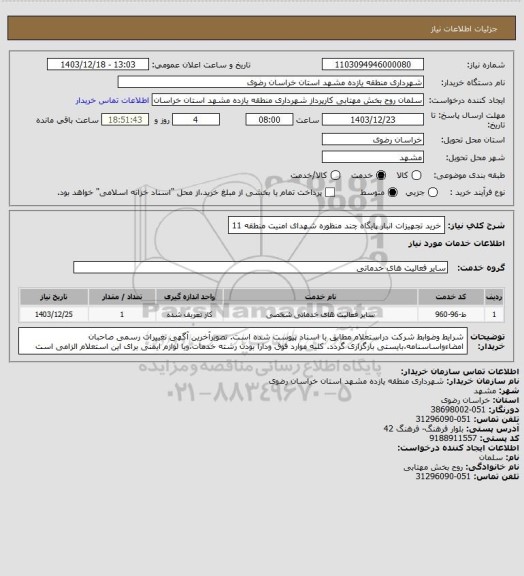 استعلام خرید تجهیزات انبار پایگاه چند منظوره شهدای امنیت منطقه 11