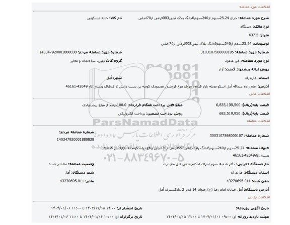 مزایده، 25.24سهم از240سهم6دانگ پلاک ثبتی993فرعی از70اصلی