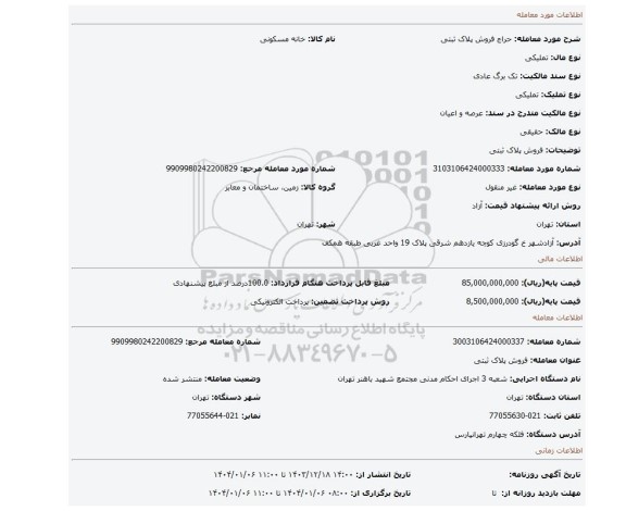 مزایده، فروش پلاک ثبتی