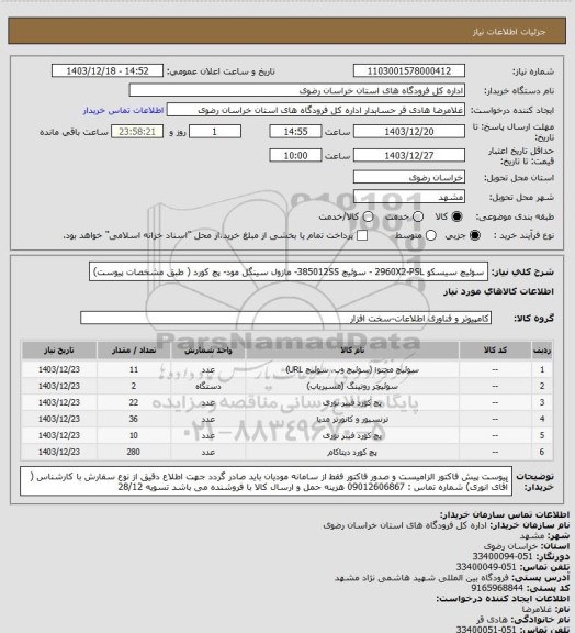 استعلام سوئیچ سیسکو 2960X2-PSL - سوئیچ 385012SS- مازول سینگل مود- پچ کورد ( طبق مشخصات پیوست)