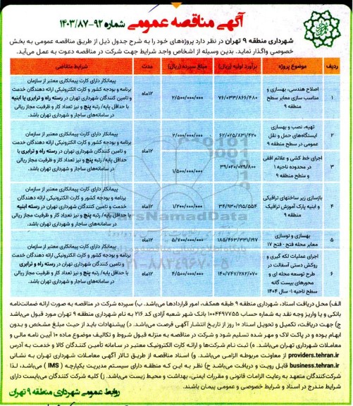 مناقصه اصلاح هندسی، بهسازی و مناسب سازی معابر سطح منطقه 9 و ... 