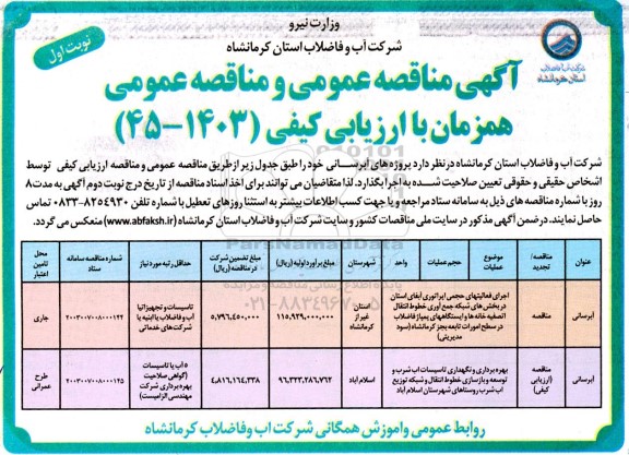 مناقصه اجرای فعالیت های حجمی اپراتوری آبفای....