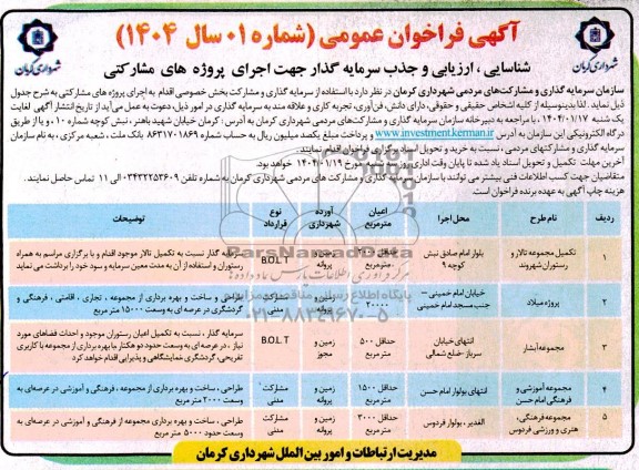 مزایده و مناقصه فراخوان عمومی شناسایی، ارزیابی و جذب سرمایه گذار جهت اجرای پروژه های مشارکتی  