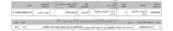 استعلام تجهیزات مکانیکی ریلی