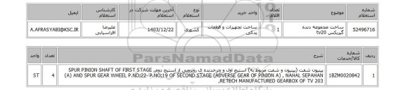 استعلام ساخت مجموعه دنده گیربکس tv20