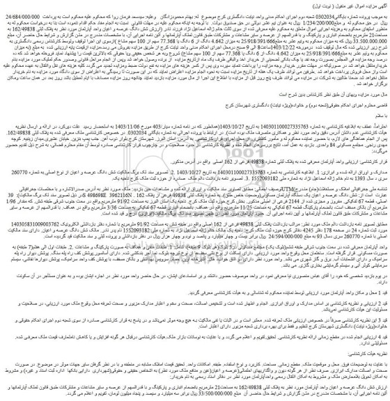 مزایده شش دانگ عرصه و اعیان واحد آپارتمان به پلاک ثبتی 162/49838 به مساحت21 مترمربع