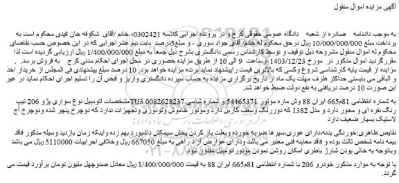 مزایده اتومبیل نوع سواری پژو 206 تیپ TU3