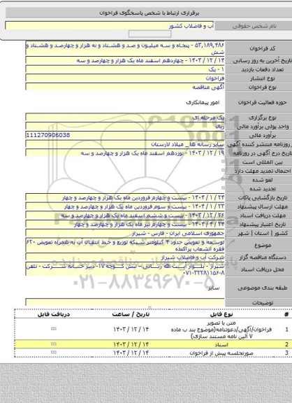 مناقصه, توسعه و تعویض حدود ۴ کیلومتر شبکه توزیع و خط انتقال آب به همراه تعویض ۶۲۰ فقره انشعاب پراکنده