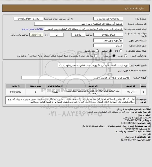 استعلام تهیه لیست قطعات مورد نیاز الکتروپمپ های امامزاده جعفر پاکوه باشت