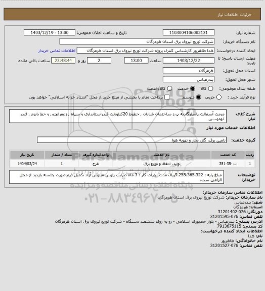 استعلام مرمت آسفالت  پاسارگادبه پ.ز ساختمان شایان , خطوط 20کیلوولت فیدراستانداری و سپاه ,   زعفرانچی و خط بانوج , فیدر ابوموسی