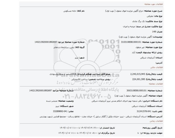 مزایده، آگهی مزایده اموال منقول ( نوبت اول)