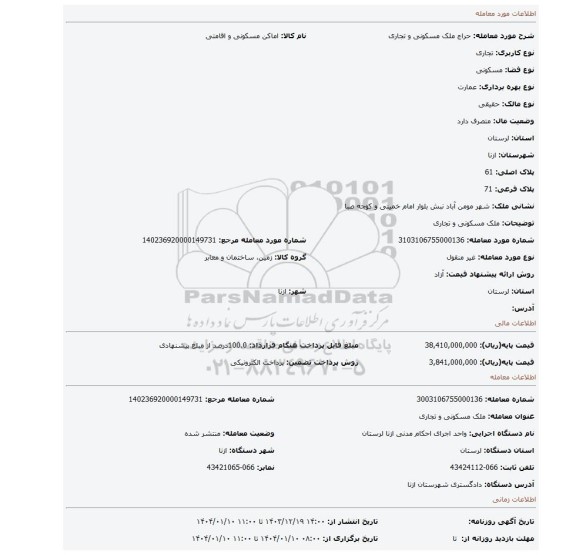 مزایده، ملک مسکونی و تجاری
