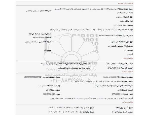 مزایده، مقدار 1129/ 22 سهم مشاع از 240 سهم ششدانگ پلاک ثبتی 1705 فرعی از 44 اصلی بخش 4 قم