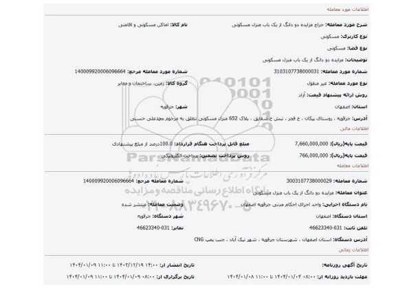 مزایده، مزایده دو دانگ از یک باب منزل مسکونی