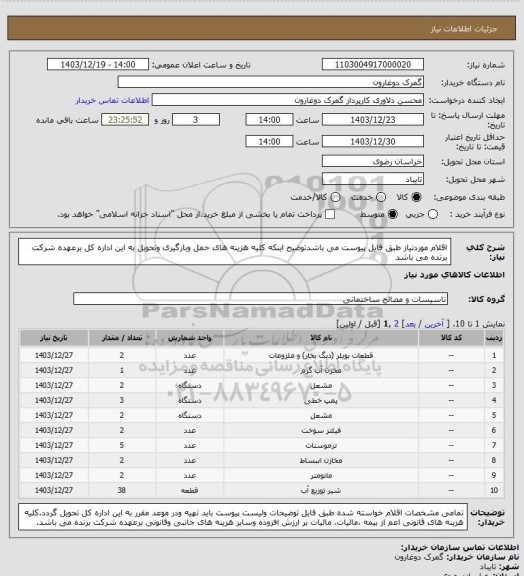 استعلام اقلام موردنیاز طبق فایل پیوست  می باشدتوضیح اینکه کلیه هزینه های حمل وبارگیری وتحویل به این اداره کل برعهده شرکت برنده می باشد