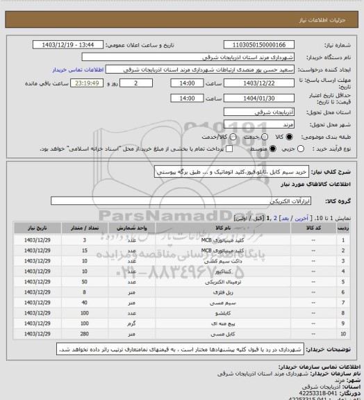 استعلام خرید سیم کابل ،تابلو،فیوز،کلید اتوماتیک و ... طبق برگه پیوستی