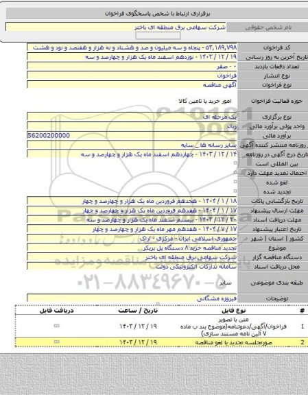 مناقصه, تجدید مناقصه خرید ۸ دستگاه پل بریکر