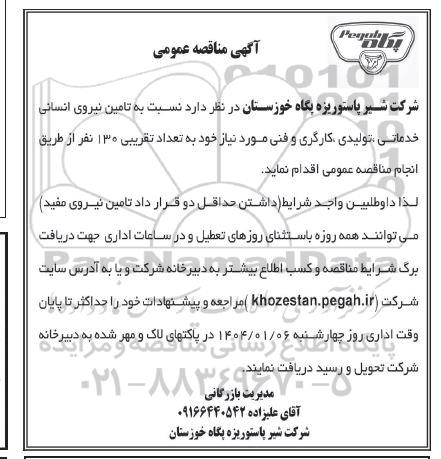 تجدید مناقصه تامین نیروی انسانی خدماتی، تولیدی، کارگری و فنی