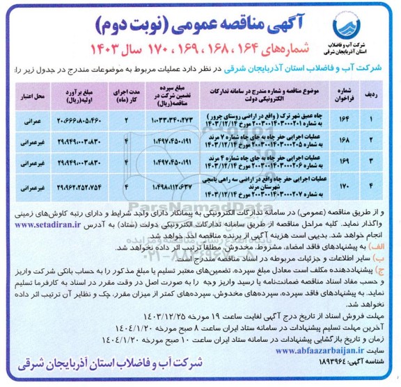 مناقصه عملیا چاه عمیق و.... نوبت دوم 