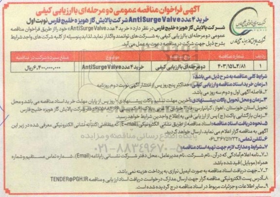 مناقصه خرید 4 عدد antisurge valve 