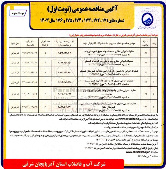 مناقصه عملیات اجرایی حفاری سه حلقه چاه .... - نوبت دوم 