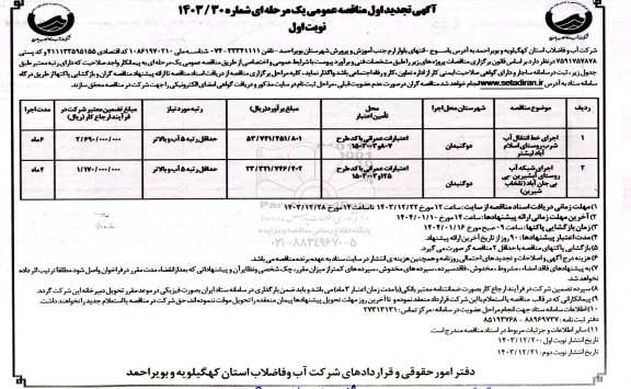 تجدید مناقصه اجرای خط انتقال آب شرب روستای اسلام آباد لیشتر...