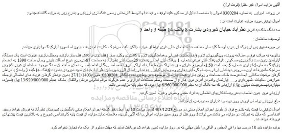 مزایده یک دستگاه آپارتمان بدون سند باکاربری مسکونی دارای پلاک ثبتی فرعی بشماره 1