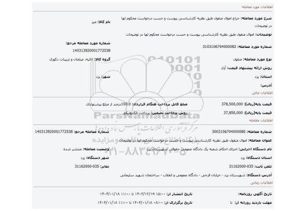 مزایده، اموال منقول طبق نظریه کارشناسی پیوست و حسب درخواست محکوم لها در توضیحات