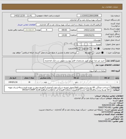 استعلام خرید میز غذا خوری طیق مشخصات فایل پیوست تحویل درب انبار اغاجارزی
