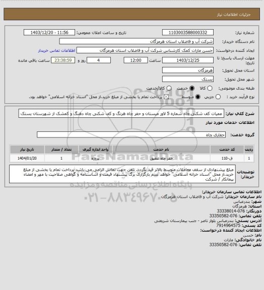 استعلام عمیات کف شکنی چاه شماره 5 لاور میستان و حفر چاه هرنگ و کف شکنی چاه دهنگ و کمشک از شهرستان بستک