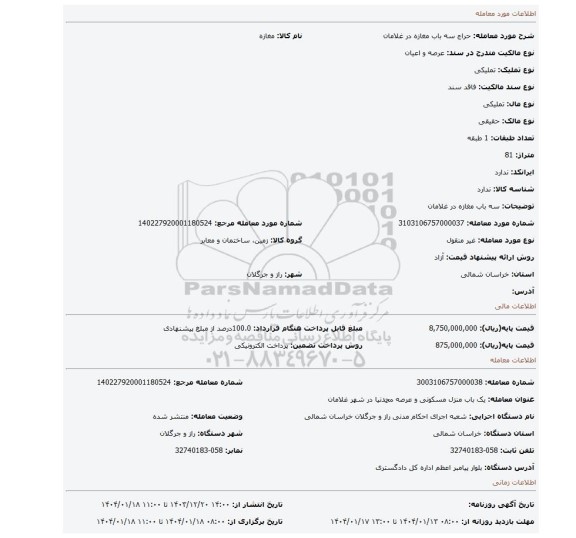 مزایده، سه باب مغازه در غلامان