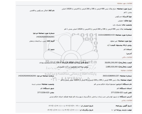 مزایده، پلاک ثبتی 499 فرعی از 199 و 200 فرعی از 8 فرعی از 10529 اصلی بخش 1 قم
