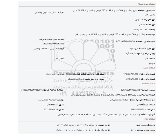 مزایده، پلاک ثبتی 509 فرعی از 199 و 200 فرعی از 8 فرعی از 10529 اصلی بخش 1 قم