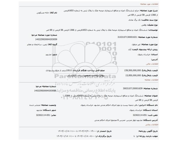 مزایده، ششدانگ اعیان و منافع استیجاری عرصه  ملک با پلاک ثبتی به شماره 1653فرعی از 1366 فرعی 58 فرعی از 69 اص